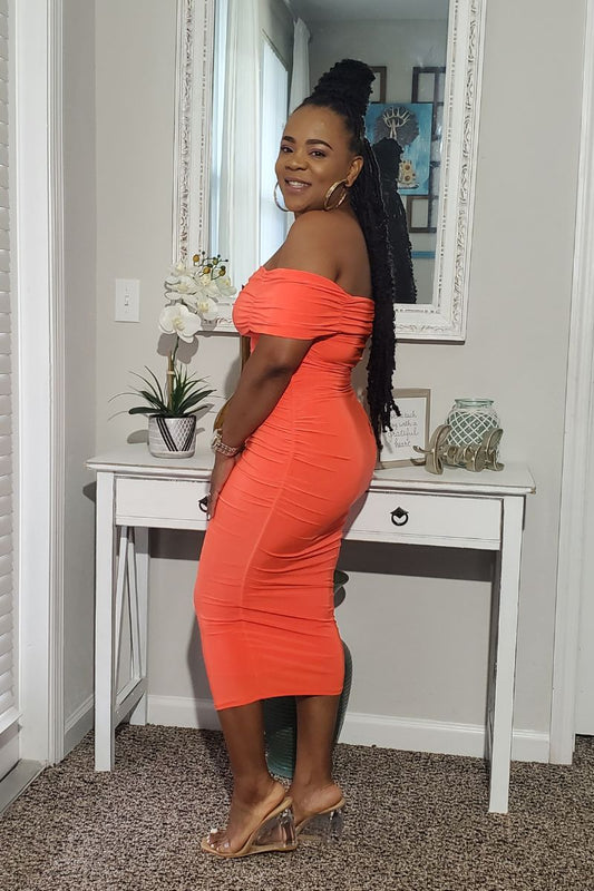 Off the Shoulder Midi Dress - Orange