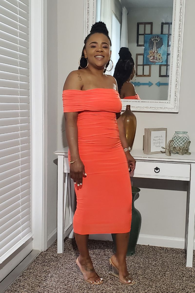 Off the Shoulder Midi Dress - Orange