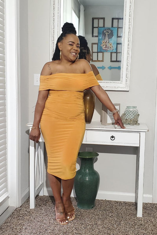 Off the Shoulder Midi Dress - Mustard