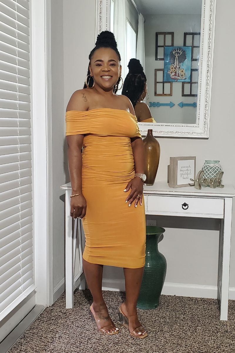 Off the Shoulder Midi Dress - Mustard