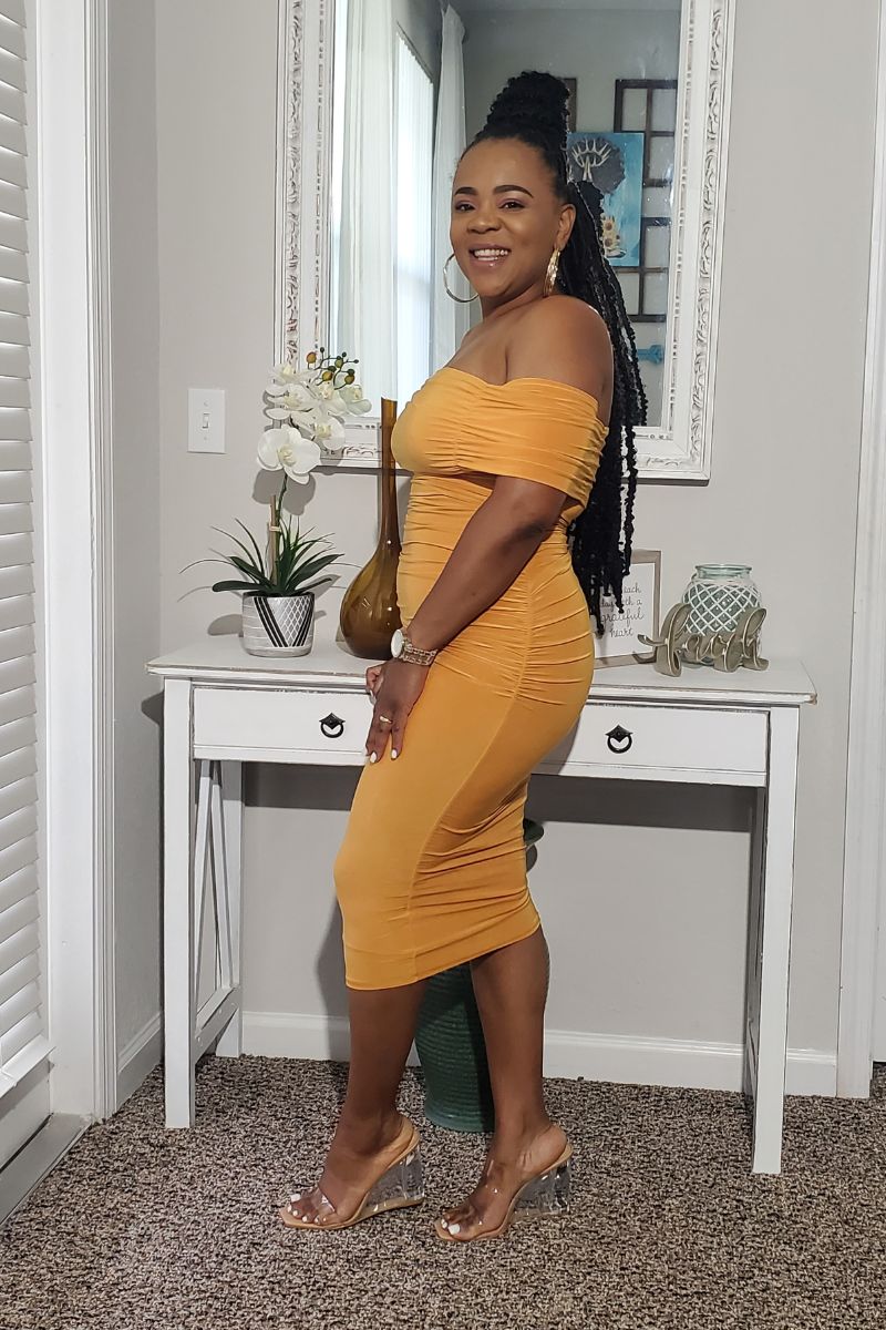 Off the Shoulder Midi Dress - Mustard